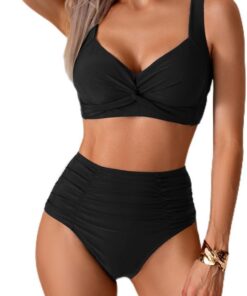 Damen Sport Bikini Set Schwarz Push Up High Waist, Wickeloptik Crossover Bügel Zweiteiliger Badeanzug mit Cups Verstellbar
