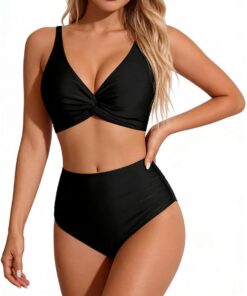 Bikini Damen Set Bauchweg Sexy High Waist Push Up Bikini V Ausschnitt Mid Waist Bademode Zweiteiliger Badeanzug Swimsuit