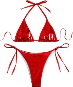 Damen Metallic Bikini Halter Top Zweiteiliger Badeanzug Krawatte Seite Dreieck Bikini mit gepolstert