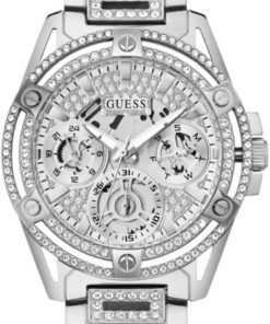 Guess Queen Damen Armbanduhr mit Zirkonen, Silber, Edelstahlarmband, 5 bar Wasserdichtigkeit – 40 mm Gehäuse, Elegantes Design, GW0464L1 SP