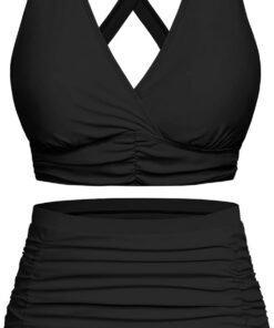 Svanco Bikini Damen Set Bauchweg High Waist Badeanzug Push Up Bademode Lace Up V Ausschnitt Blumenmuster Zweiteiliger Swimsuit mit Bindegürtel