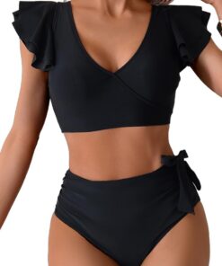 Badeanzug Damen Bauchweg,Sexy V Ausschnitt Zweiteiliger Badeanzüge Rüschen High Waist Push Up Bademode Lace Up Bikini Swimsuit