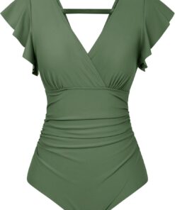 GRACE KARIN Damen Bauchweg Badeanzug Einteilige Tiefe V-Ausschnitt Monokinis Shape Oberteile Flatterärmel Sommer One Piece