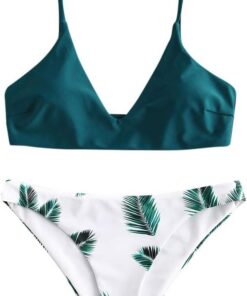 ZAFUL Gepolsterte Bikini Set, Push Up Badeanzug mit tropischem Blattmuster Hoher Bund Spaghettiträger Bademode Sommer