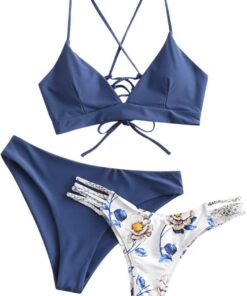 ZAFUL Damen Zweiteilig Bikini-Set mit verstellbarem BH Push-Up Rücken, Triangle Bustle Badehose mit Blummenmuster