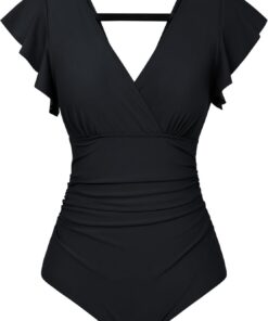 GRACE KARIN Damen Bauchweg Badeanzug Einteilige Tiefe V-Ausschnitt Monokinis Shape Oberteile Flatterärmel Sommer One Piece