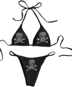 JasmyGirls Damen Totenkopf Muster Triangel Tanga Sexy 2 Stück Bikini Badeanzug Festival Rave Outfits Strass BH Top