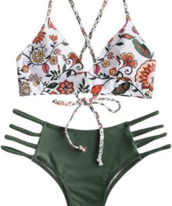 ZAFUL Damen Zweiteilig Bikini-Set mit verstellbarem BH Push-Up Rücken, Triangle Bustle Badehose mit Blummenmuster