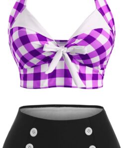 DRESSFO Women's Bikini Set Halter Two Piece High Waisted Swimsuit Plaid Retro Tummy Control Tankini Bathing Suit
