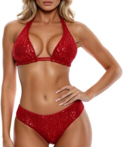 Sexy Pailletten-Bikini-Set für Damen, glitzernd, sexy Push-Up-Badeanzug, Strandbekleidung