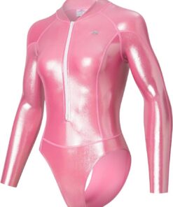 LEOHEX Damen Langarm Badeanzug Super Glänzend Sexy Rash Guard Reißverschluss Surfanzug Mit Hohem Kragen Taucheranzug