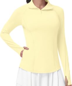 Runhit UV Shirt Damen Langarm UPF 50+ Sonnenschutz Sportshirt, Atmungsaktives Funktionsshirt mit 1/4 Reißverschluss Daumenloch & Taschen, Schnelltrocknendes Laufshirt für Gym Fitness Yoga & Outdoor