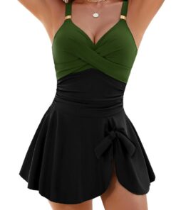 Badeanzug Damen Elegant Einteiliger Ruched Bauchweg Badekleid V-Ausschnitt mit Push Up Körbchen Swimdress Sommer Strand Swimsuit