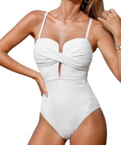 CUPSHE Damen Badeanzug Tiefer Ausschnitt Crossover Wickeloptik Geformte Cups Gerippte Textur Einteilige Bademode Swimsuit