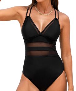 CUPSHE Badeanzug Damen V Ausschnitt Mesh Cut Out Doppelträger | Mesh Einsatz,Bequeme Passform, Für Strand und Pool,Bademode Swimsuit