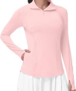 Runhit UV Shirt Damen Langarm UPF 50+ Sonnenschutz Sportshirt, Atmungsaktives Funktionsshirt mit 1/4 Reißverschluss Daumenloch & Taschen, Schnelltrocknendes Laufshirt für Gym Fitness Yoga & Outdoor