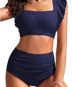 Kate Kasin Tummy Control Bikini Sets für Frauen Quadratischer Ausschnitt Hohe Taille Badeanzüge Zweiteiliger Geraffter Badeanzug Verstellbare Träger