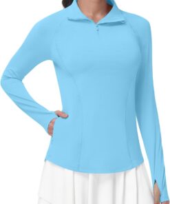 Runhit UV Shirt Damen Langarm UPF 50+ Sonnenschutz Sportshirt, Atmungsaktives Funktionsshirt mit 1/4 Reißverschluss Daumenloch & Taschen, Schnelltrocknendes Laufshirt für Gym Fitness Yoga & Outdoor