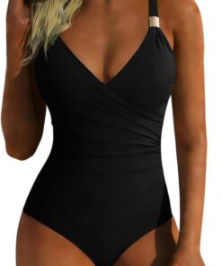 Badeanzug Damen Bauchweg Push Up Mit Shaping Effekt V Ausschnitt Raffung Einteiler Bademode Swimsuit Bauchraffung Wickeloptik Verstellbaren Trägern Monokini Strandmode