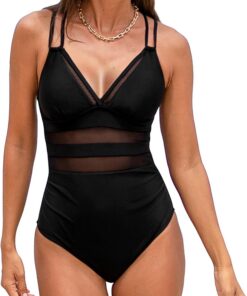 TcIFE Badeanzug Damen Bauchweg – Einteilig Schwimmanzug Monokini | V-Ausschnitt, Sheer Netzstoff, Push-Up Bademode Swimsuit