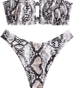 ZAFUL Schulterfreies Bandeau-Bikini-Set mit hohem Schnitt und Kordelzug und Rüschen Bademode für Damen