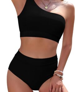 SHEKINI Gepolstert Bikini Set Damen High Waist Bauchweg Full Coverage Zweiteiliger Badeanzug EIN Schulter Bademode Swimsuit für Frauen