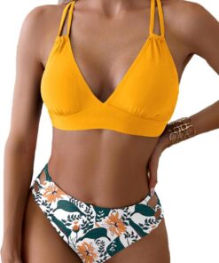 Yutdeng Triangle Bikini Damen Set Push Up ohne Bügel Gepolstert V Ausschnitt Shape Bikini Bauchweg mit Hohem Bund Rückseite Crossover Zweiteiliger Badeanzug Bikini Sportlich Swimsuit