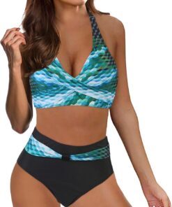 Bikini Damen Set Zweiteiliger Sexy Badeanzug V Ausschnitt überkreuztes Bauchweg Bademode Blumenmuster Bikinis High Waist Bademoden Bauchkontrolle Bikini Sets Swimwear Badebekleidung