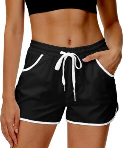 Damen Badehose Sommer Badeshorts High Waist Boardshorts mit Bund und Taschen
