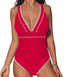 CUPSHE Damen Badeanzug V Ausschnitt Raffung Kreuzträger Schwimmanzug | Bequeme Passform, Mittlere Bedeckung, Für Strand und Pool