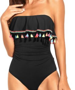 Holipick Badeanzug für Damen, trägerlos, einteilig, mit Bauchkontrolle, Bandeau-Stil, Rüschen und figurformender Bademode | Rüschendetails, Bauchkontrolle, abnehmbare Träger, Bandeau, süßer Look für Strand, Pool, Resort, Kreuzfahrt