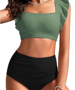 Kate Kasin Tummy Control Bikini Sets für Frauen Quadratischer Ausschnitt Hohe Taille Badeanzüge Zweiteiliger Geraffter Badeanzug Verstellbare Träger
