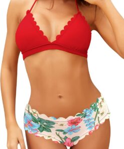 SHEKINI Damen Triangle Bikini Set Wellige Bademode Bunt Blumenmuster Badeshorts Sommer Zweiteiliger für Frauen Neckholder Schnürung Badeanzug