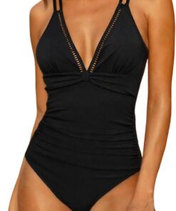 Badeanzug Damen Einteiliger Sexy V Ausschnitt Badeanzüge Einfarbig Rückenlos Bademode One Piece Push Up Swimsuit
