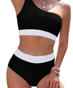 SHEKINI Gepolstert Bikini Set Damen High Waist Bauchweg Full Coverage Zweiteiliger Badeanzug EIN Schulter Bademode Swimsuit für Frauen