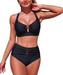 meioro Damen Bikini Set Push Up Badeanzug, High Waist Bademode Bikinis Bauchweg Zweiteiliger Swimsuit, Sexy Brust U-Metalldesign Schwimmanzug Sommer Badeanzüge Mit Cups für Frauen Women