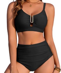 UMIPUBO Damen Bikini Set Zweiteiler Badeanzug Push Up Bauchweg Hoher Taille Bademode Metall-U-Ausschnitt Zwei Stück Badebekleidung
