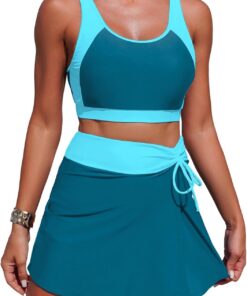 Bikini Set mit Rock Damen Sport Zweiteiliger Badeanzug Tank Top und Schwimmrock mit Shorts Frauen für Strand S