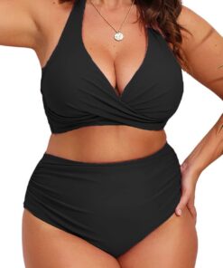 CheChury Damen Große Größen Bikini Set Neckholder Crossover Bikini Bademode V Ausschnitt Bauchweg Raffungen Zweiteiliger Badeanzug Swimsuit mit Schnürung am Rücken