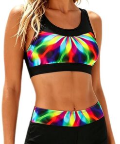 Damen Sport Badeanzug Zweiteiliger Crop Top Gerippter Bikini U Ausschnitt Bikini-Sets High Waist Bauchweg Blumenmuster Badeanzüge Swimsuit