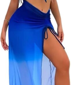 3-Teiliger Bikini mit transparenter Chiffon-Sarong-Skirt, Gradienten-Farben - Elastischer Badeanzug mit Schleifen-Detail, Sommer-Strandlook für Frauen
