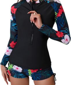 Owntop 2-teiliger Rash Guard Damen, Langarm Badeanzüge UV UPF 50+ Schwimmshirt, Reißverschluss Rash Weste, Blumen Bademode mit Hoch Tailliertem Boyshort Unterteil zum Schwimmen Surfen