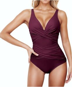 Badeanzug Bauchweg Push Up Mit Shaping Effekt V Ausschnitt Raffung Einteilige Bademode Swimsuit Wickeloptik Verstellbaren Monokini Strandmode