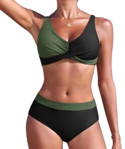 Nadeer Damen Bikini Set High Waist Zweiteiliger Badeanzug Elegant Crossover Bustier Bademode V Ausschnitt Push Up Swimsuit