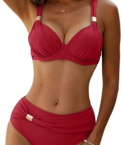 Yutdeng High Waist Bikini Damen Set mit Bügel Push Up Bikini Bauchweg Triangle Bikini mit Hohem Bund Dekorativen Metall Bademode Bauch Weg Bikini-Sets für Damen Badeanzug Zweiteiliger
