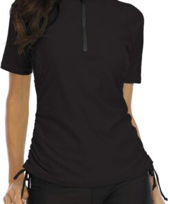 Halcurt UV Shirt Damen Kurzarm Rash Guard 1/4 Zip UPF 50+ Badeshirt S-XXL | Sonnenschutz Schwimmshirt, Verstellbare Seitenbänder, Schnell Trocknender, Atmungsaktiv, Nur Schwimmoberteil, Raglan Ärmel