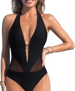 CUPSHE Badeanzug Damen V Ausschnitt Rückenfrei Neckholder Netzstoff | Metalldetail, Tiefer Rückenausschnitt, Monokini Stil,Bademode Swimsuit