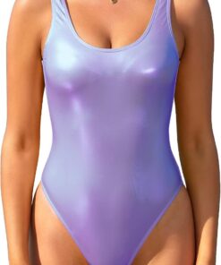 SHEKINI Damen Einteiliger Bauchweg Badeanzug Tiefen U Rückseite Glänzend Bademode Slim Bodysuit Monokini Swimsuit