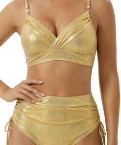 Damen Bikini Set | V Ausschnitt,Metallic,Triangel Bikinihose und Bikini Oberteil,Hoher Taille,für Pool Strand