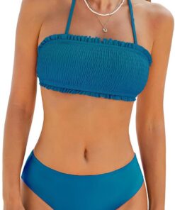 CUPSHE Damen Bikini Set Neckholder Rüschen Gesmokter Abnehmbare Träger